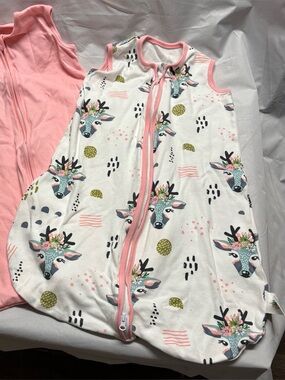 #1b - Baby Pink and Floral Deer Sleeveless Sleep Sack  - 0-6 months